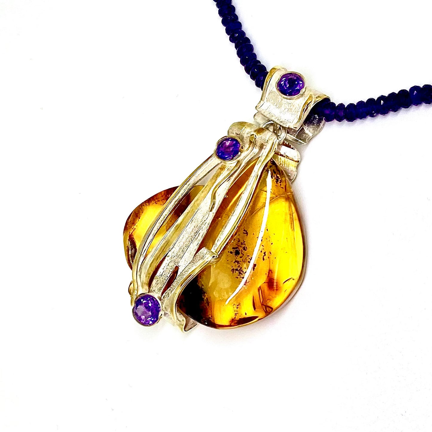Handmade One of a Kind Amber and Amethyst Pendant Necklace