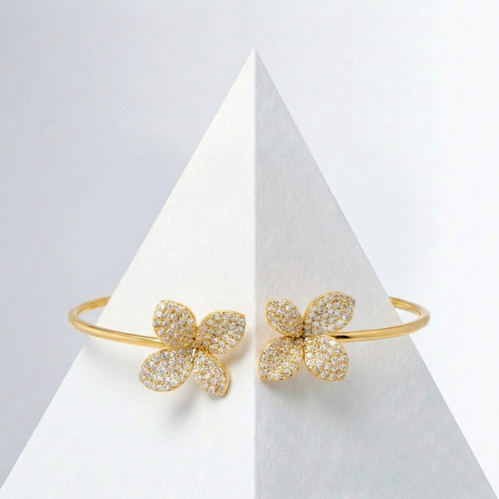 Sterling Silver Gold Plated Clear Cz Flower Cuff