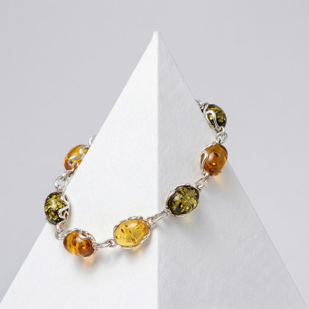 Multicolor Baltic Amber Sterling Silver Bracelet