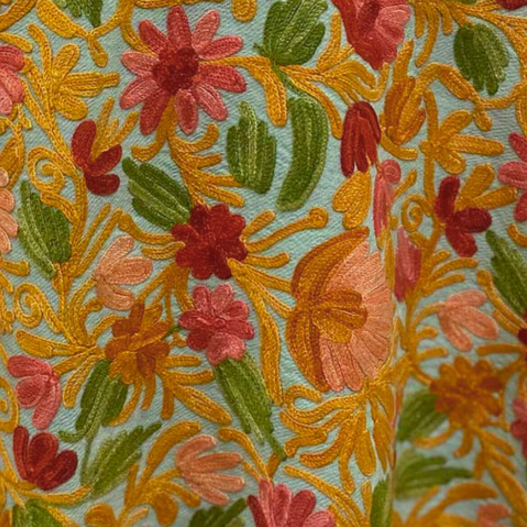 Shawl - Green Woolen Shawl with Multi-color Aari embroidery