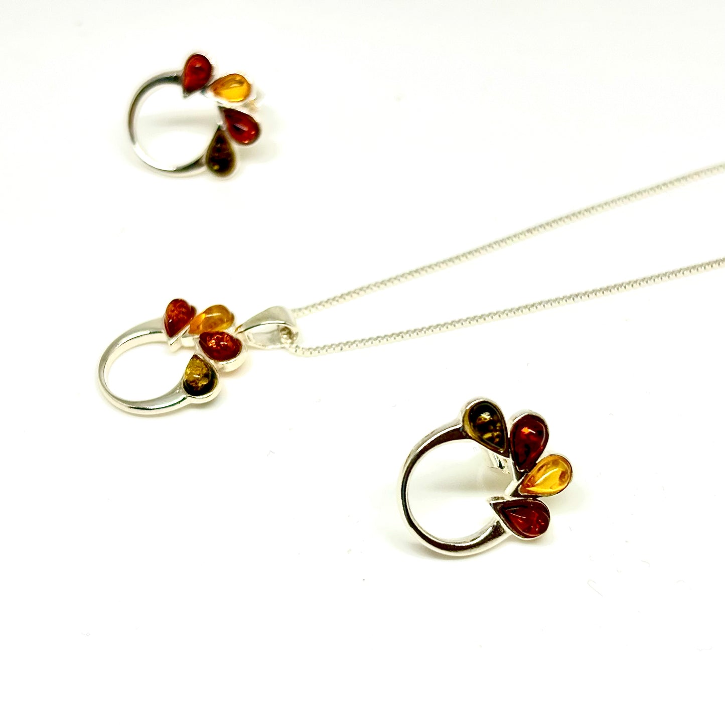 Multi Color Baltic Amber Pendant Necklace and Earrings Set
