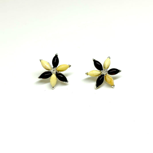 Cherry and Milky Baltic Amber Flower Stud Earrings