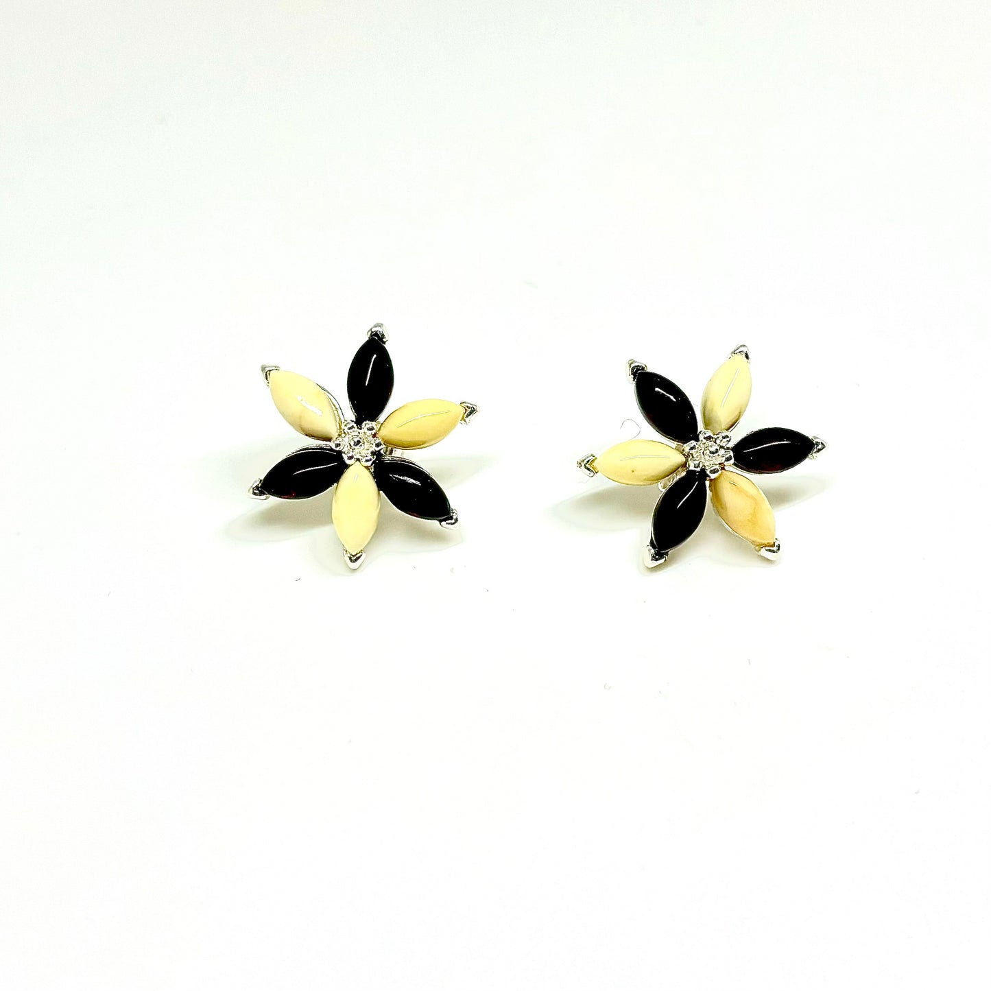 Cherry and Milky Baltic Amber Flower Stud Earrings