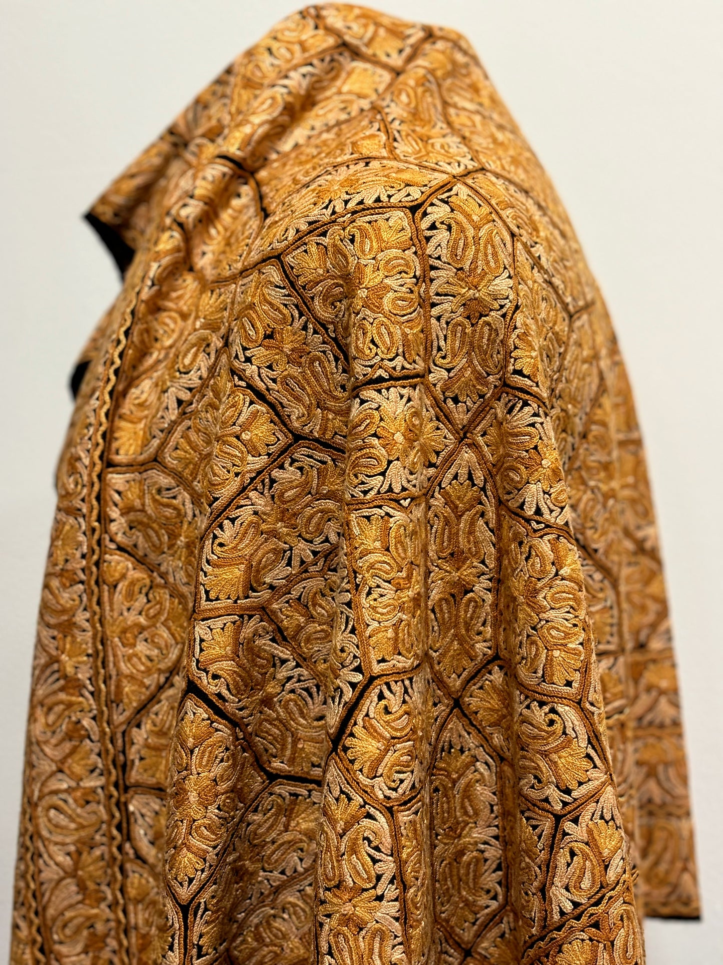 Shawl- Black color Woolen shawl with Yellow Aari embroidery