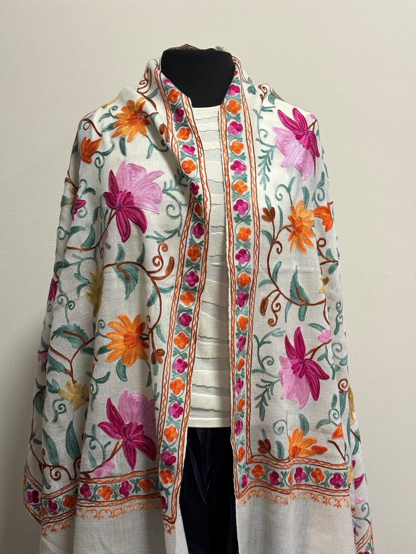 Shawl - Ivory Wool Embroidered Kashmiri Shawl