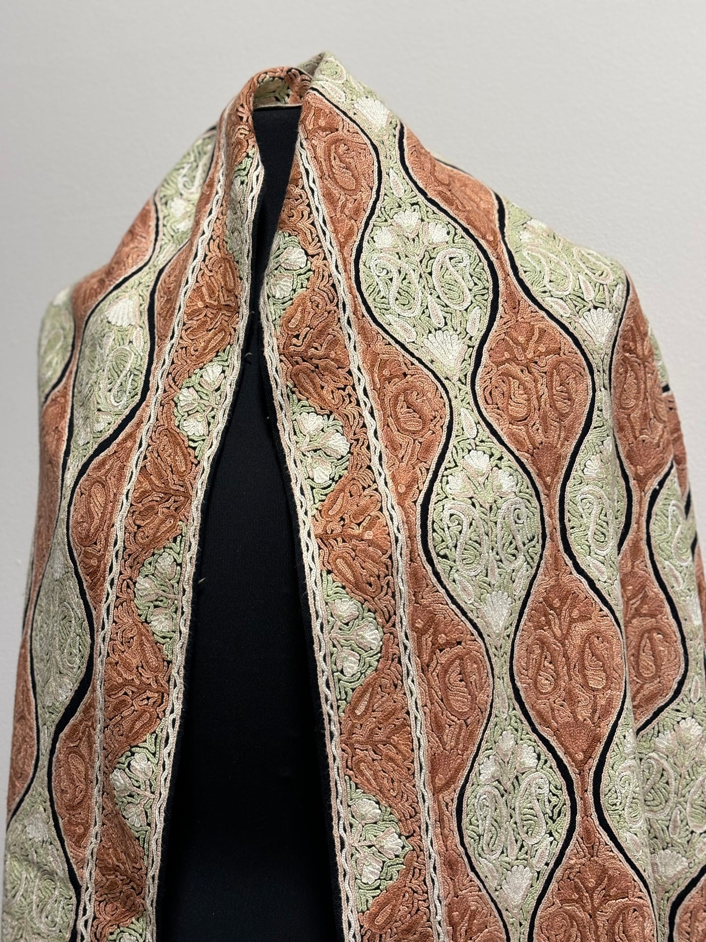 Shawl- Black color Woolen shawl with Light Green, Brown and White Aari embroidery