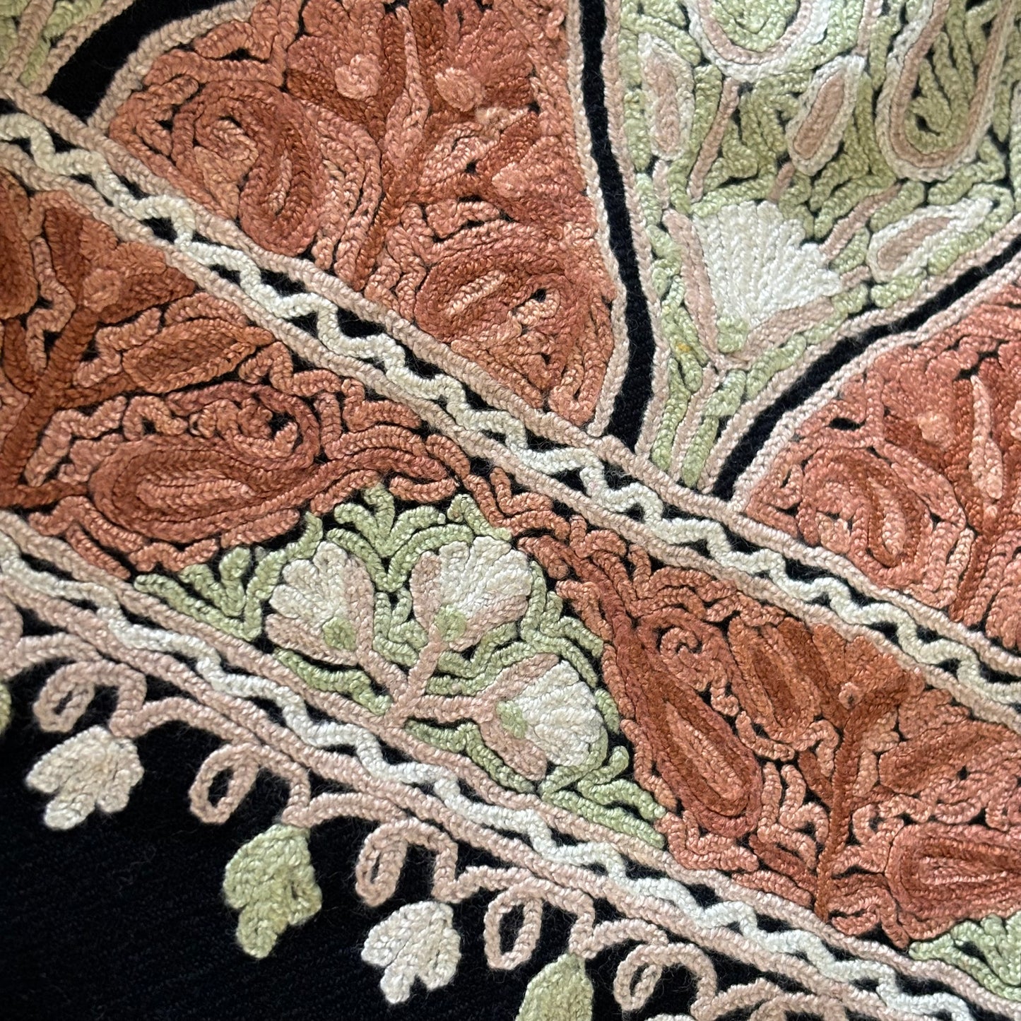 Shawl- Black color Woolen shawl with Light Green, Brown and White Aari embroidery