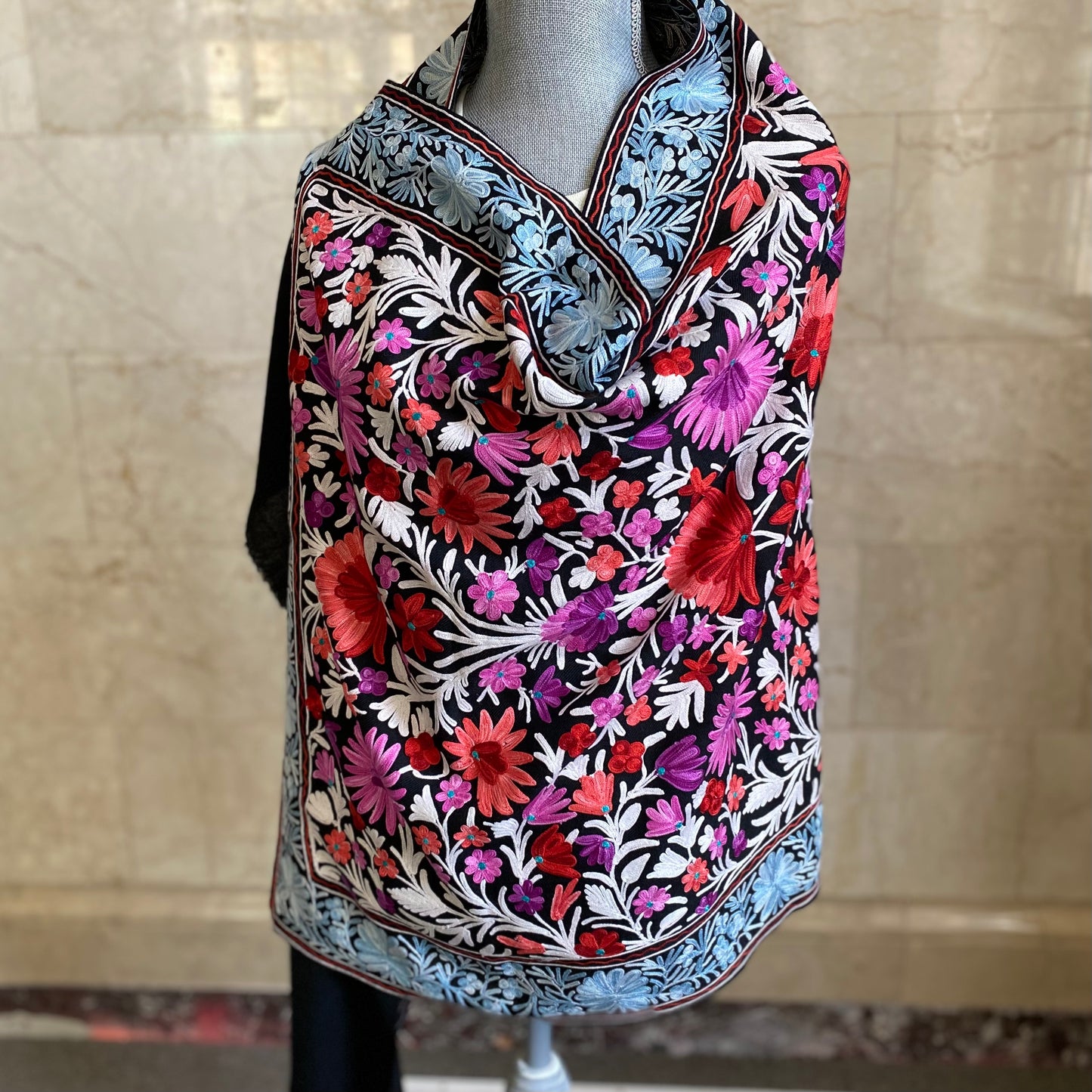 Shawl - Flower Meadow - Black Color Woolen Shawl with multi-color Aari embroidery