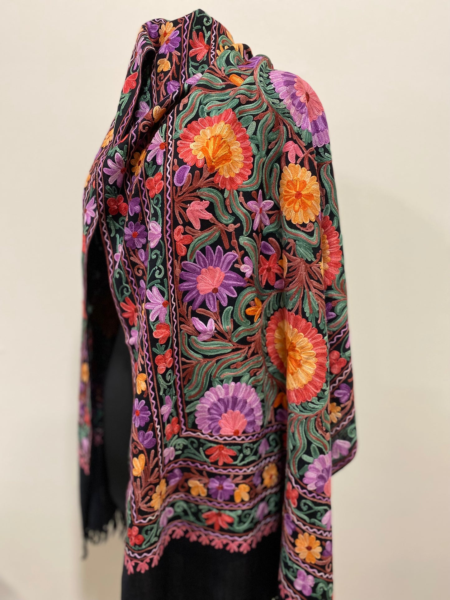 Shawl - Black Color Woolen Shawl with multi-color Aari embroidery