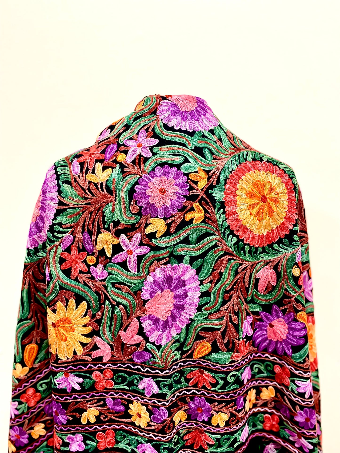 Shawl - Black Color Woolen Shawl with multi-color Aari embroidery