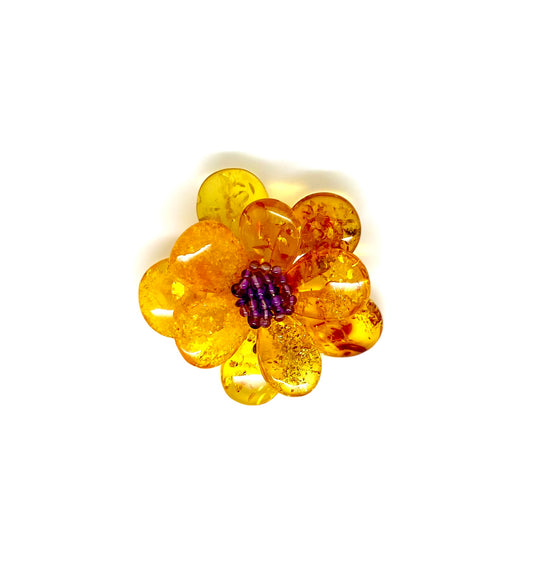 Honey Color Baltic Amber Handmade One of a Kind Flower Pin