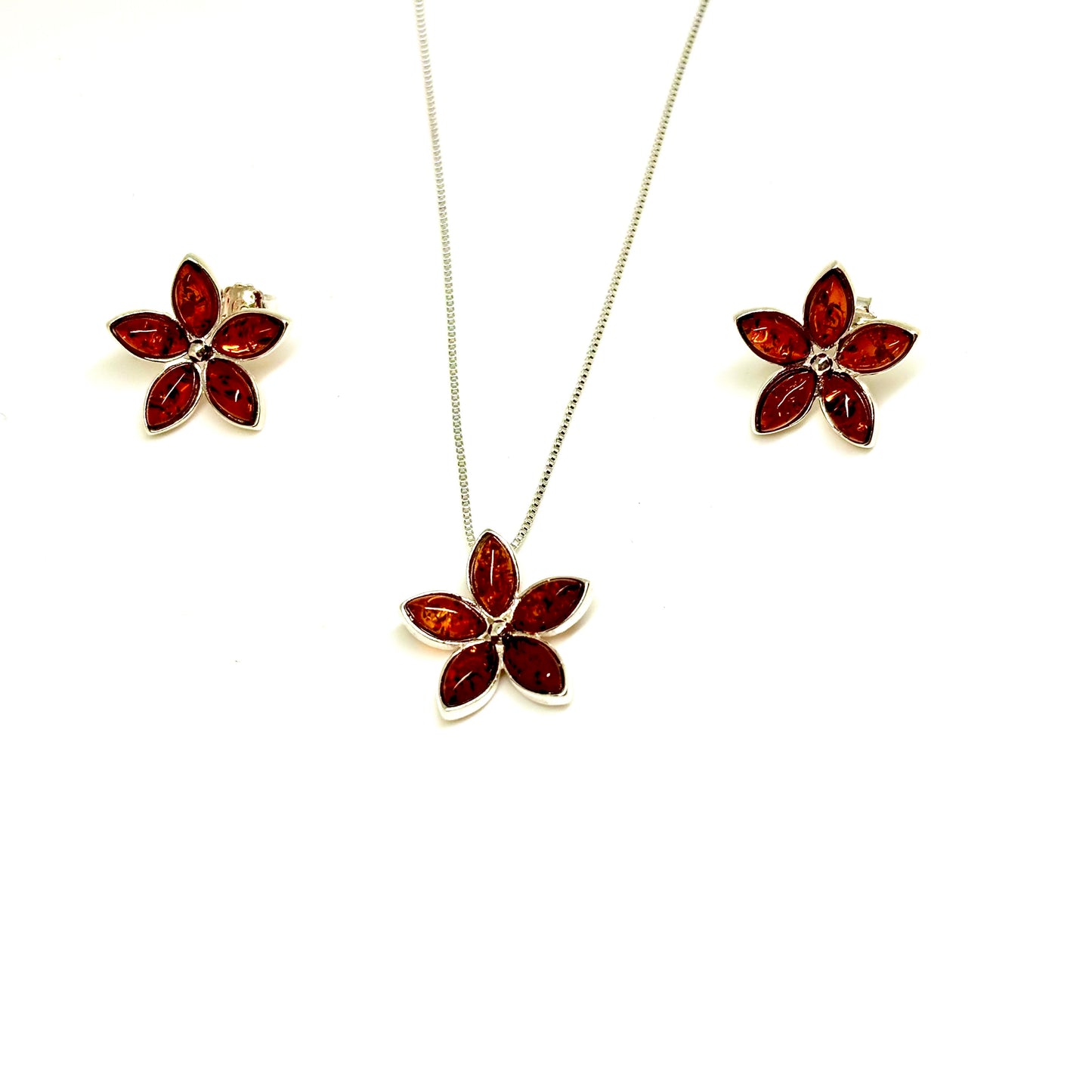 Cognac Color Baltic Amber Flower Pendant Necklace and Earrings Set
