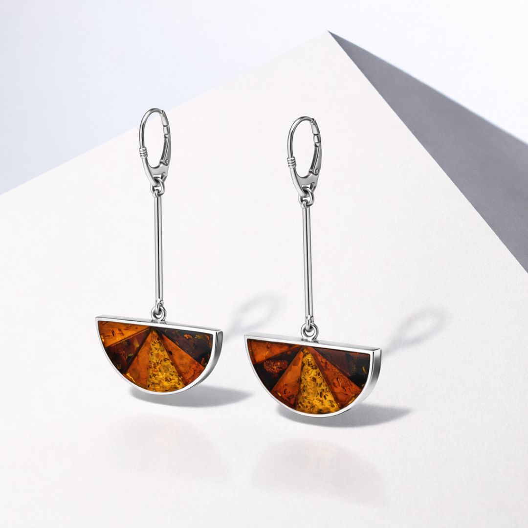 Multicolor Baltic Amber Half Moon Large Dangle Earrings