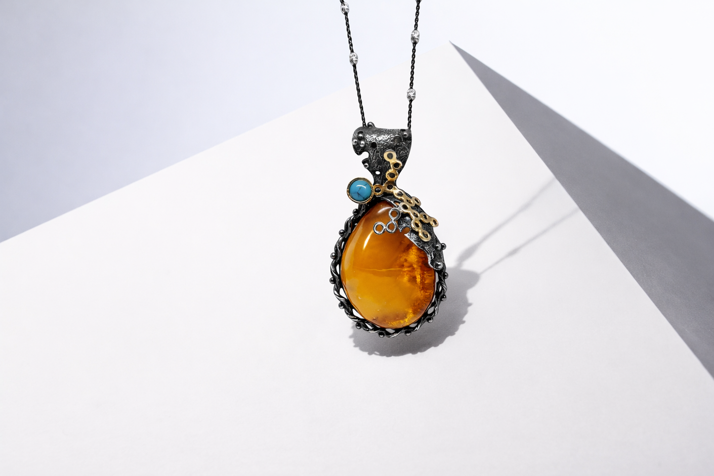 Handmade One Of A Kind Butterscotch Baltic Amber With Turquoise Pendant Necklace