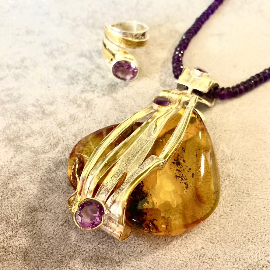 Handmade One of a Kind Amber and Amethyst  Pendant Necklace