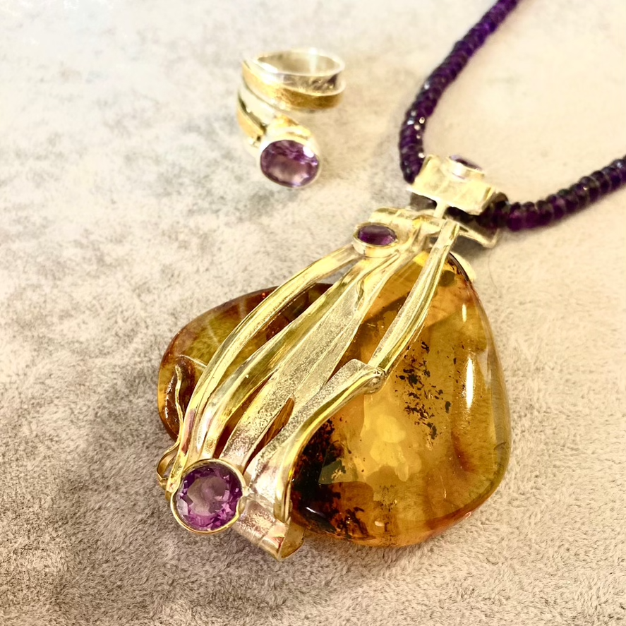 Handmade One of a Kind Amber and Amethyst Pendant Necklace