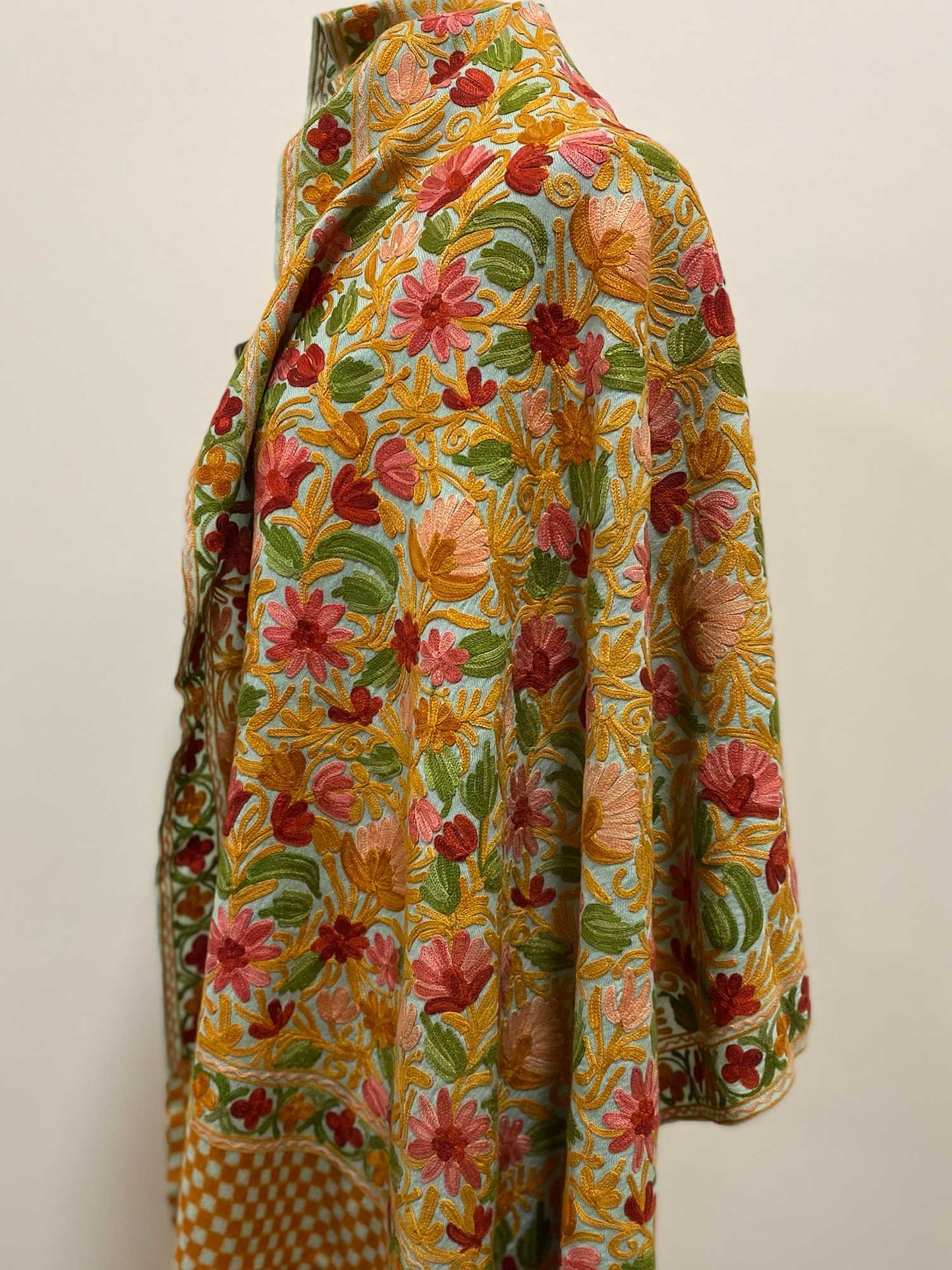 Shawl - Green Woolen Shawl with Multi-color Aari embroidery