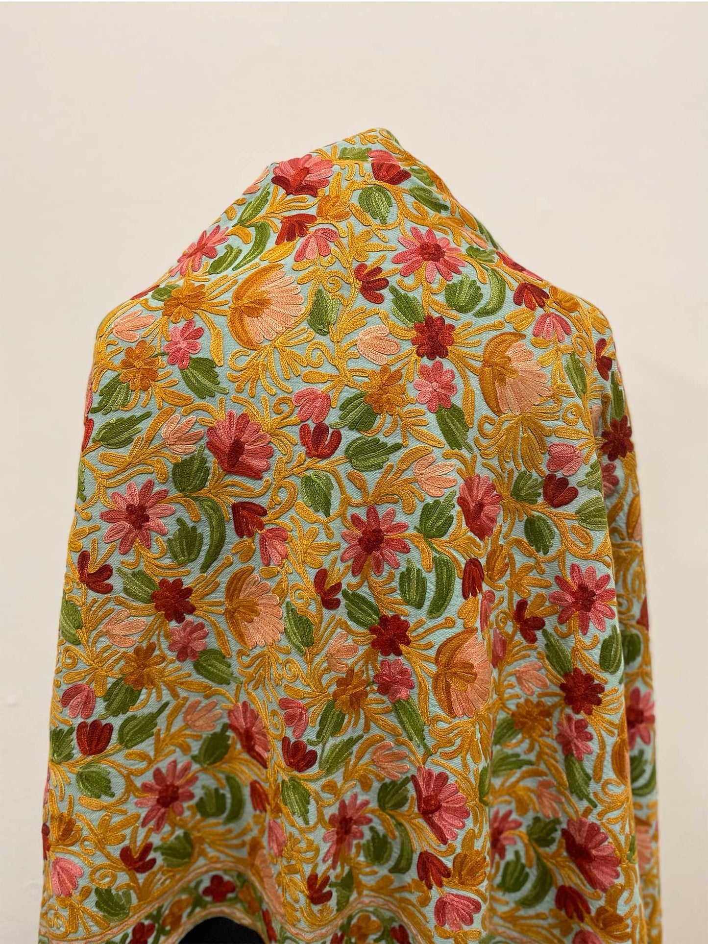 Shawl - Green Woolen Shawl with Multi-color Aari embroidery