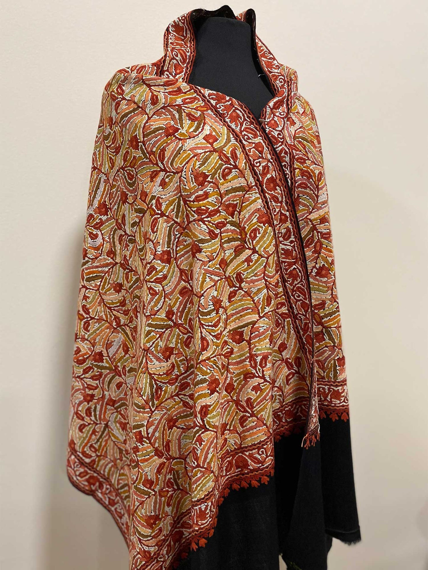 Shawl- Black color Woolen shawl with Red and White Aari embroidery