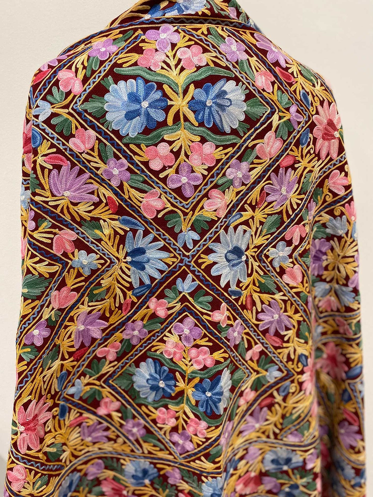 Shawl - Maroon color Woolen Shawl with multi-color Aari embroidery