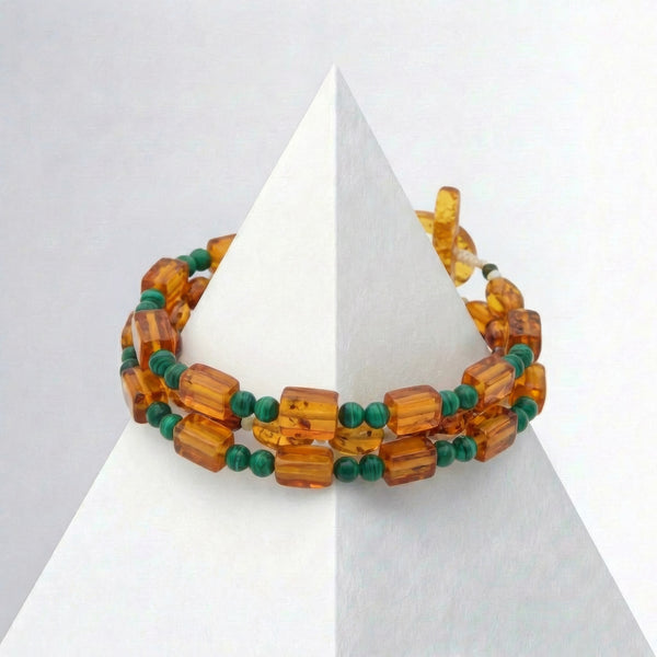 Cognac Baltic Amber and Malachite Handmade Beaded Bracelet