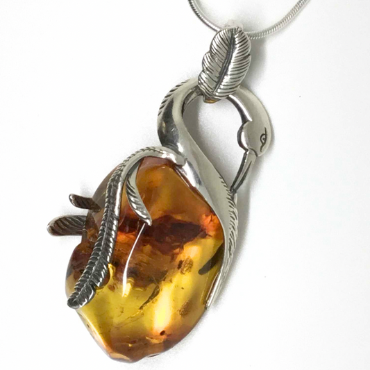 Cognac Color Baltic Amber One of a kind Heron Pendant on a Sterling Silver Chain