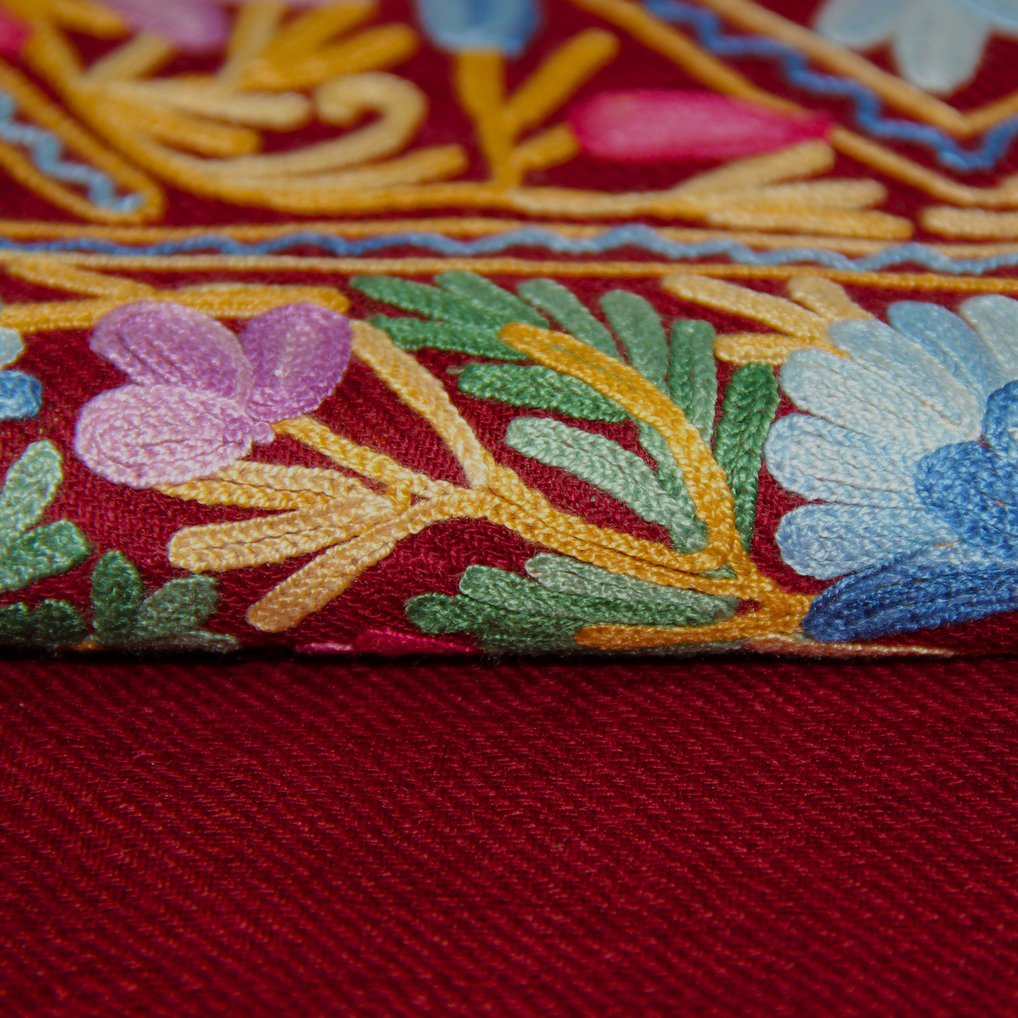 Shawl - Maroon color Woolen Shawl with multi-color Aari embroidery