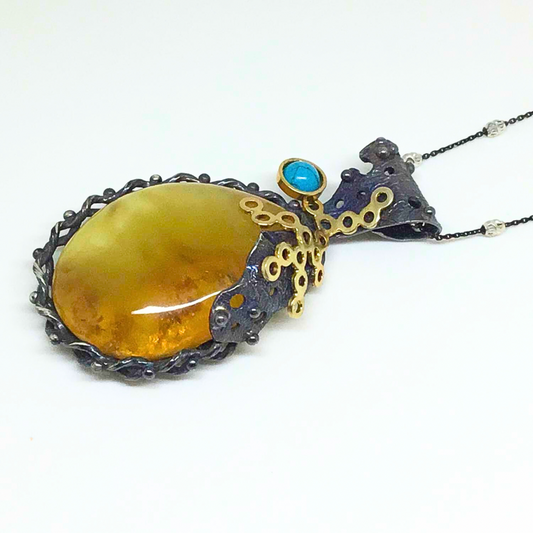 Butterscotch Baltic Amber with Turquoise Hand Made Pendant on Sterling silver Chain