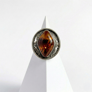 Cognac Baltic Amber Oxidized Sterling Silver Ring