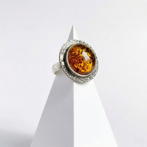 Cognac Baltic Amber Round Sterling Silver Ring