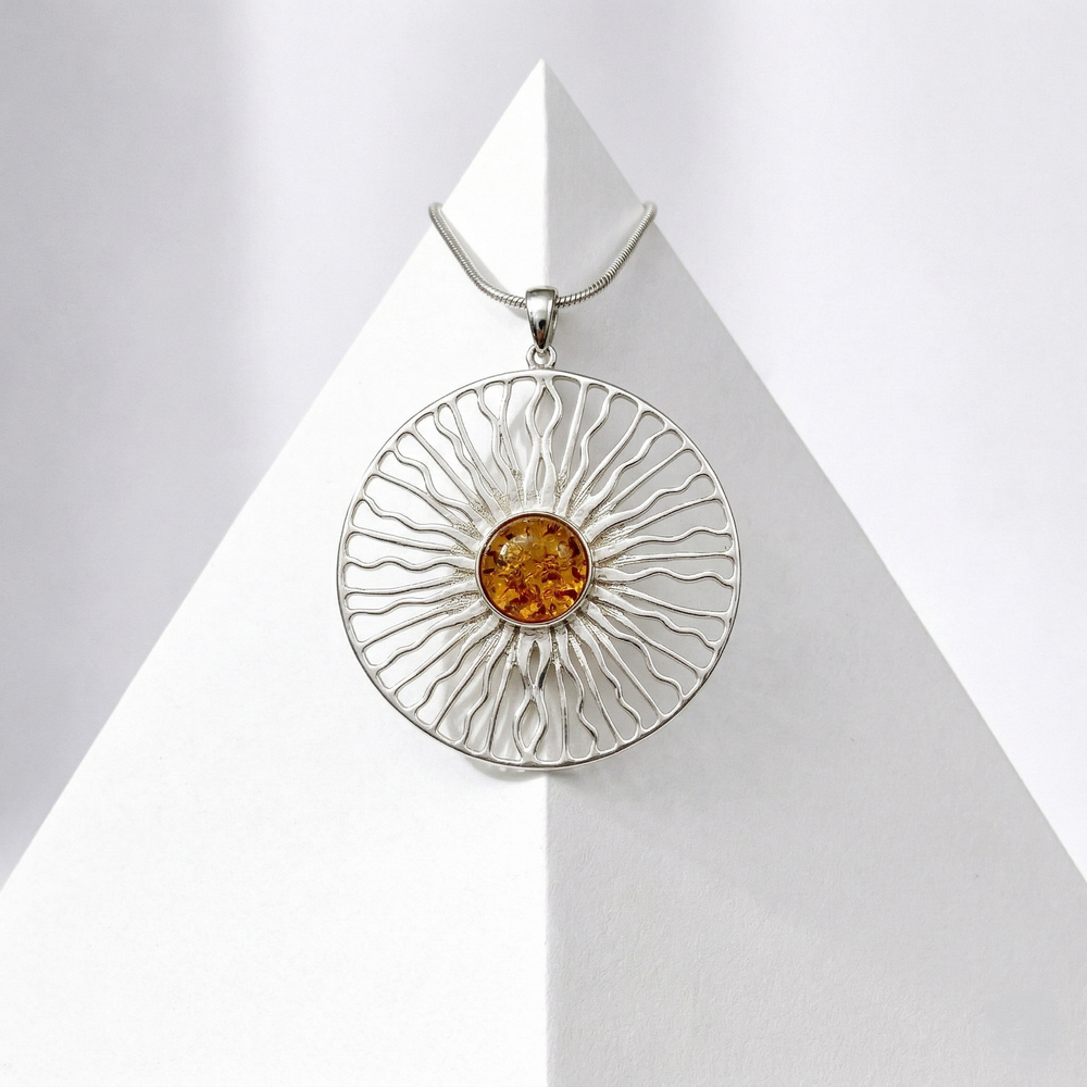 Cognac Baltic Amber Sun Pendant Necklace