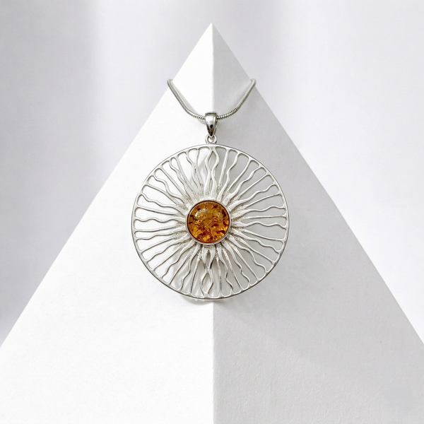 Cognac Baltic Amber Sun Pendant Necklace