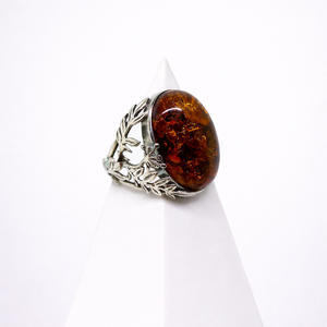 Cognac Baltic Amber With Silver Filigree Large  Ring