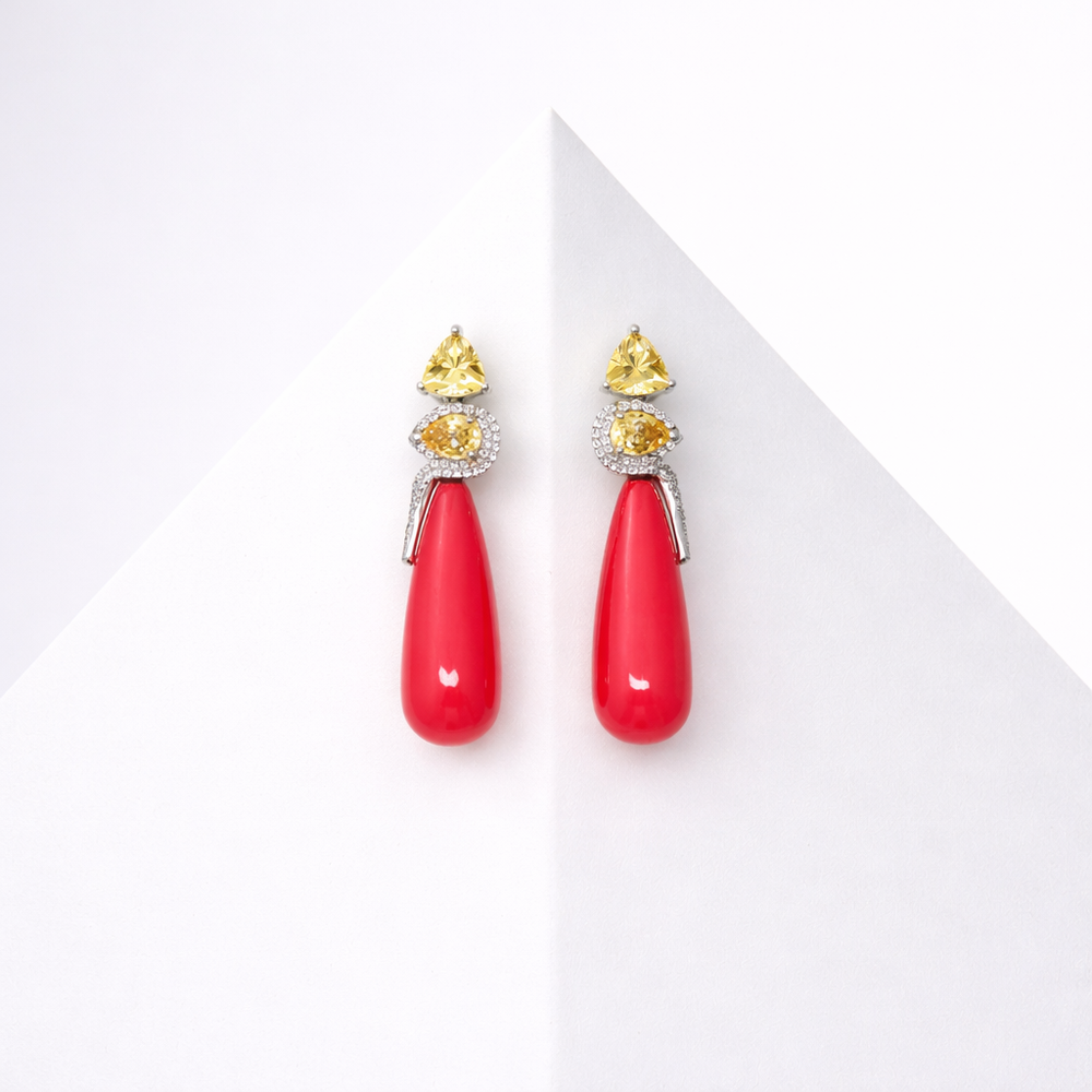 Coral And Yellow Cubic Zirconia Fancy Drop Earrings