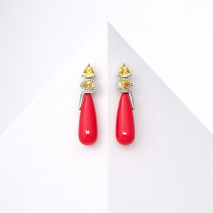 Coral And Yellow Cubic Zirconia Fancy Drop Earrings