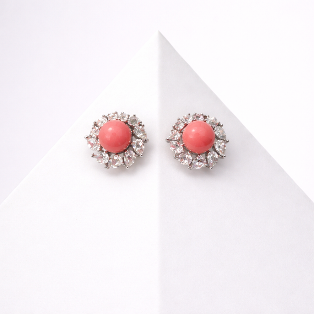 Coral and Clear Cubic Zirconia Stud Earrings