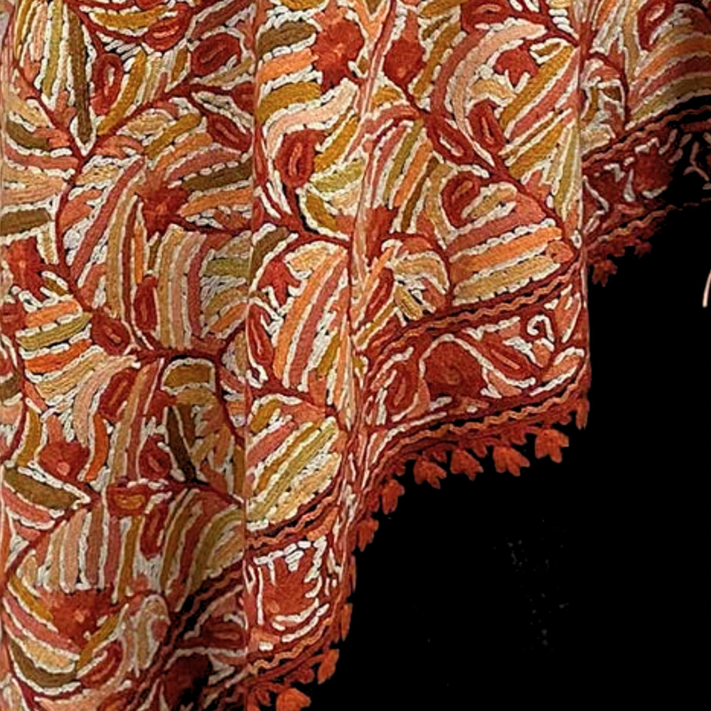 Shawl- Black color Woolen shawl with Red and White Aari embroidery