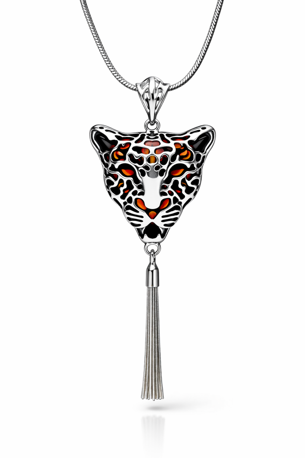 Cognac Baltic Amber Sterling SilverJaguar Pendant Necklace