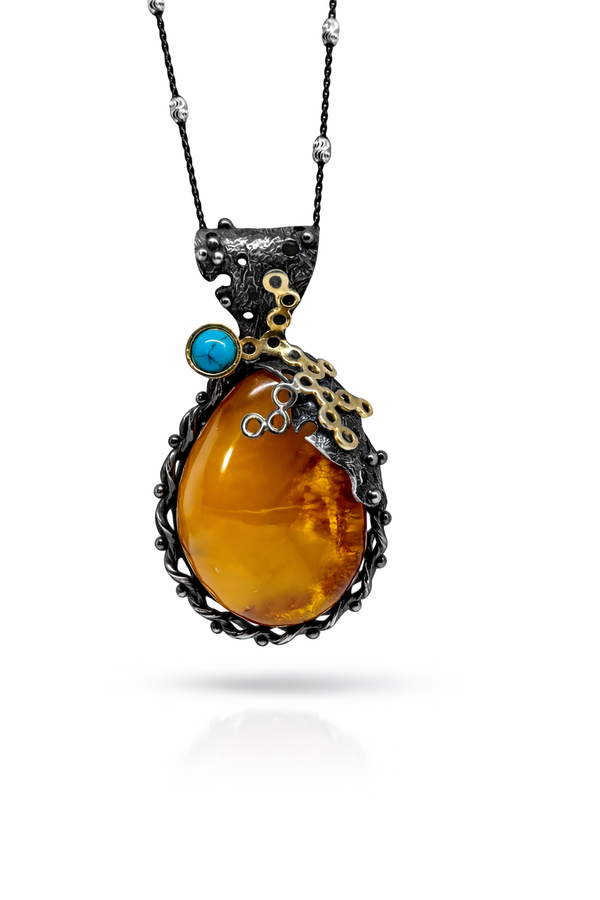 One of A Kind Handmade Butterscotch Baltic Amber WithTurquoise Pendant Necklace