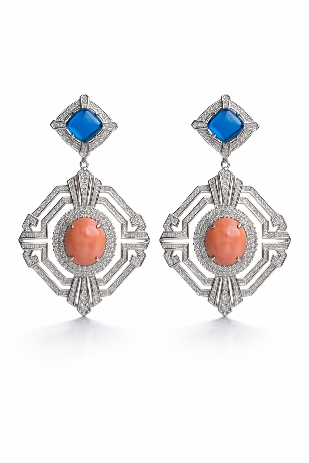 Coral And Blue Quartz Statement Earrings