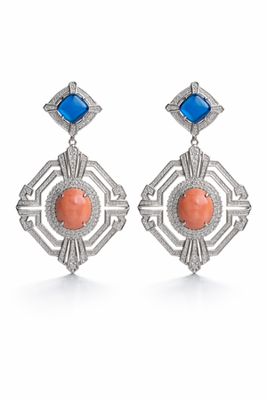 Coral And Blue Quartz Statement Earrings