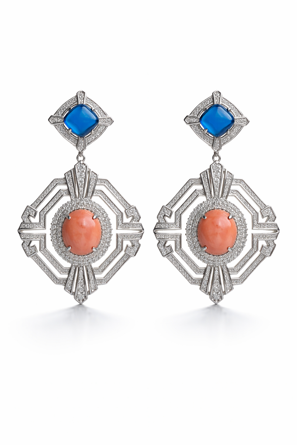 Coral And Blue Quartz Statement Earrings