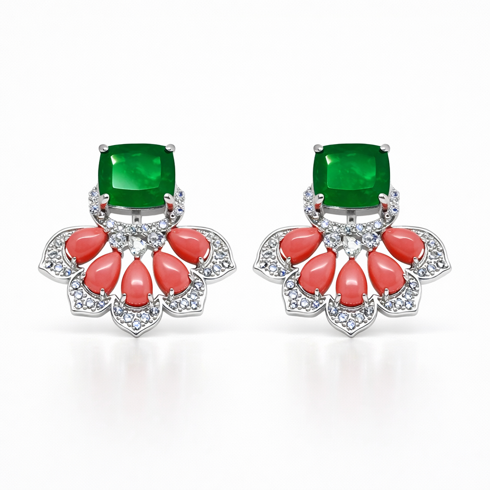 Coral And Green Quartz Flower Stud Earrings