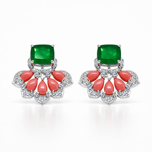 Coral And Green Quartz Flower Stud Earrings