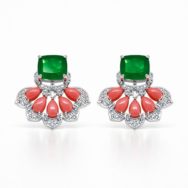 Coral And Green Quartz Flower Stud Earrings