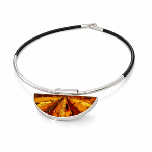 Multicolor Baltic Amber Half Moon Pendant on Leather Choker