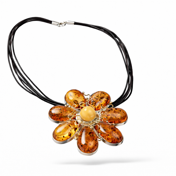 Handmade One of A Kind Cognac And Butterscotch Baltic Amber Flower Necklace