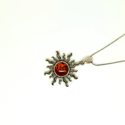 Cherry Baltic Amber Sun Pendant Necklace