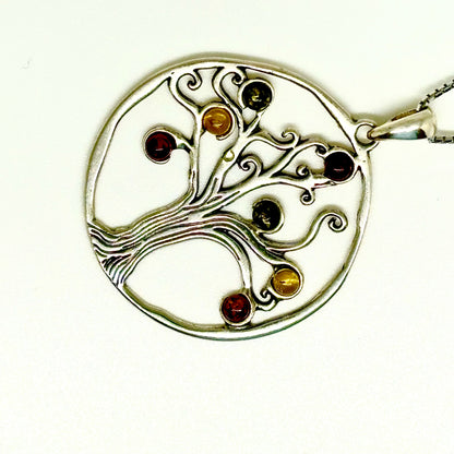 Multi Color Baltic Amber Tree of Life Pendant Necklace