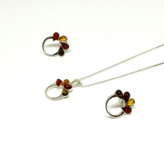 Multi Color Baltic Amber Pendant Necklace and Earrings Set